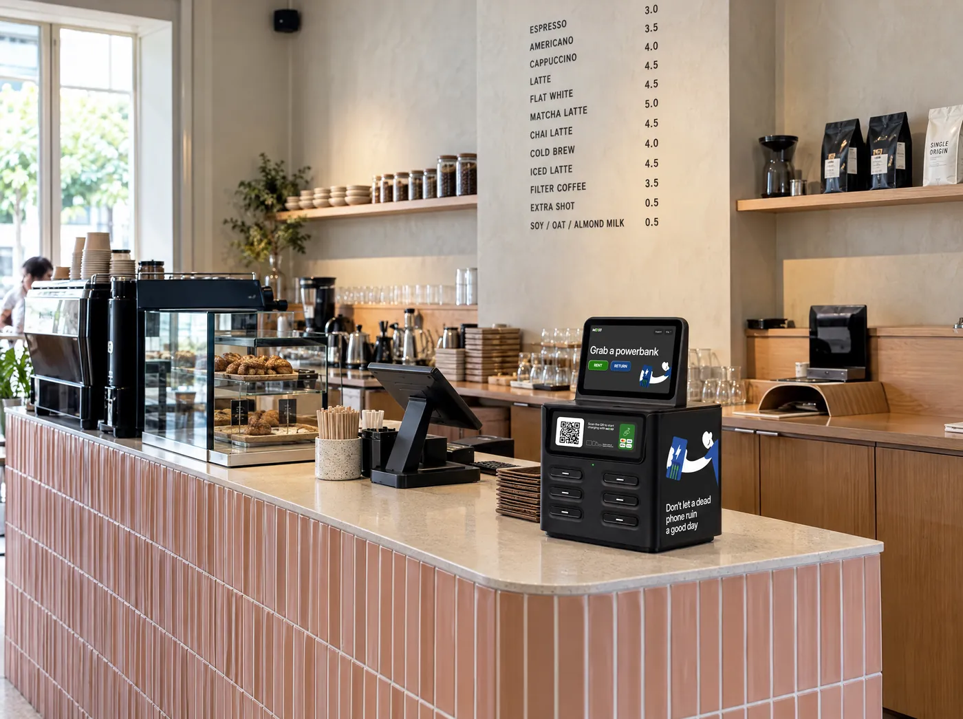 A we53 charging station on a café counter next to the till, under a coffee menu.