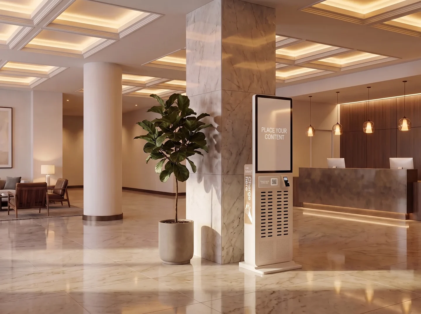 A WE53 48-slot station beside the reception desk of a hotel lobby